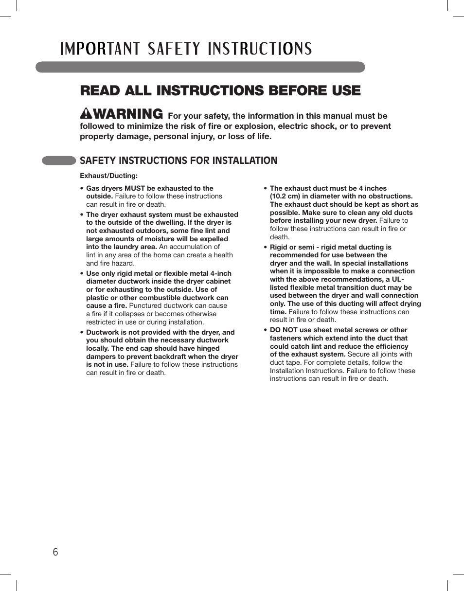Read all instructions before use, Wwarning, Safety instructions for installation | LG DLG5002W User Manual | Page 6 / 116