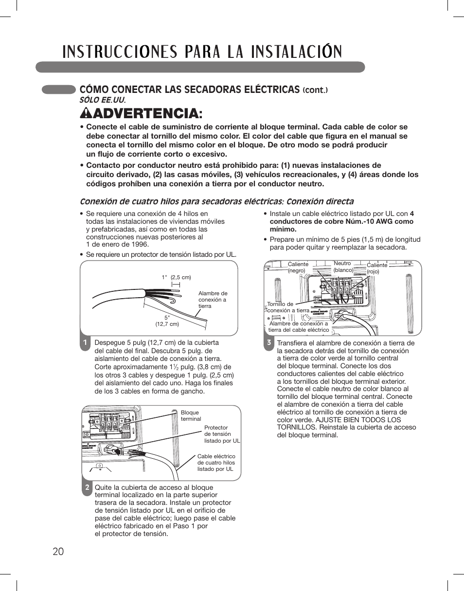 Wadvertencia, 20 cómo conectar las secadoras eléctricas | LG DLG5002W User Manual | Page 60 / 116