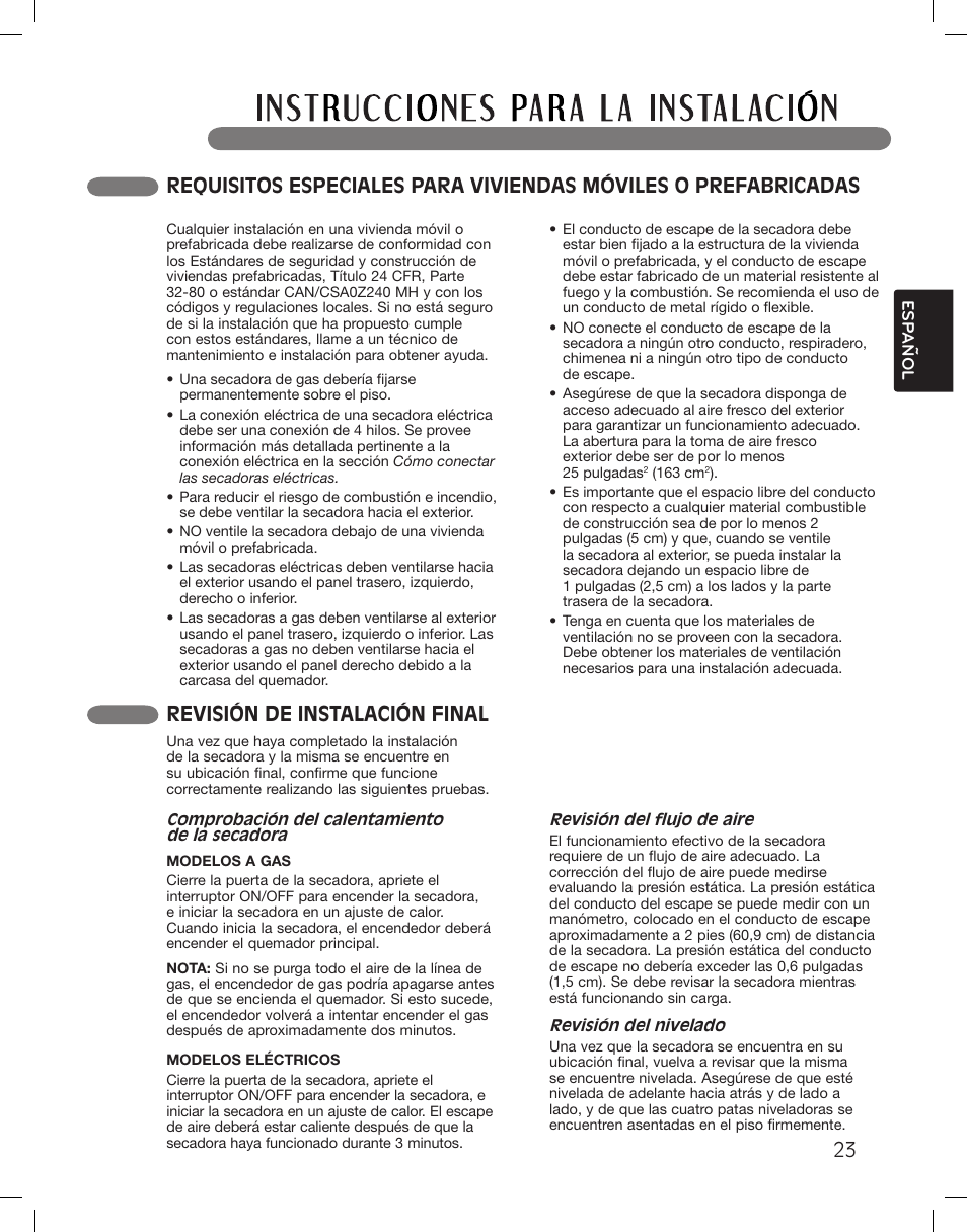 Revisión de instalación final | LG DLG5002W User Manual | Page 63 / 116
