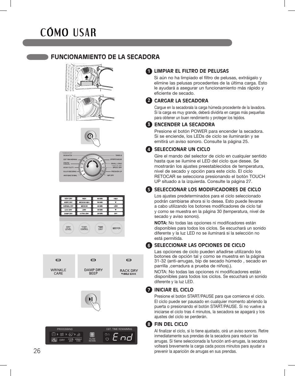 Funcionamiento de la secadora | LG DLG5002W User Manual | Page 66 / 116