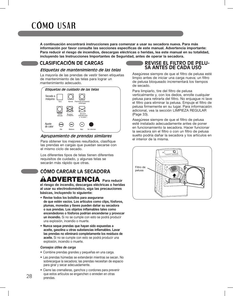 Wadvertencia, Clasificación de cargas, Cómo cargar la secadora | Revise el filtro de pelu- sa antes de cada uso | LG DLG5002W User Manual | Page 68 / 116