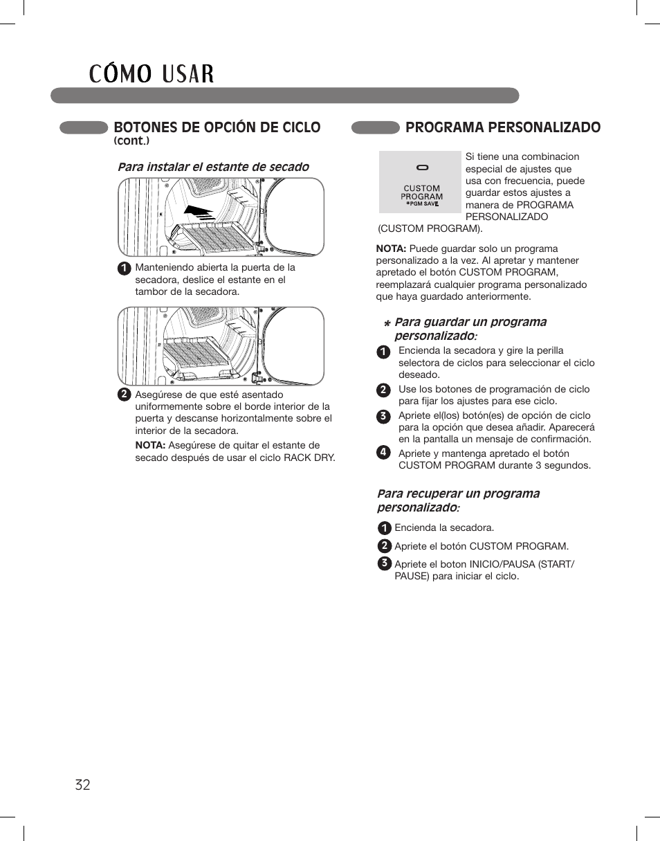 Botones de opción de ciclo, Programa personalizado | LG DLG5002W User Manual | Page 72 / 116