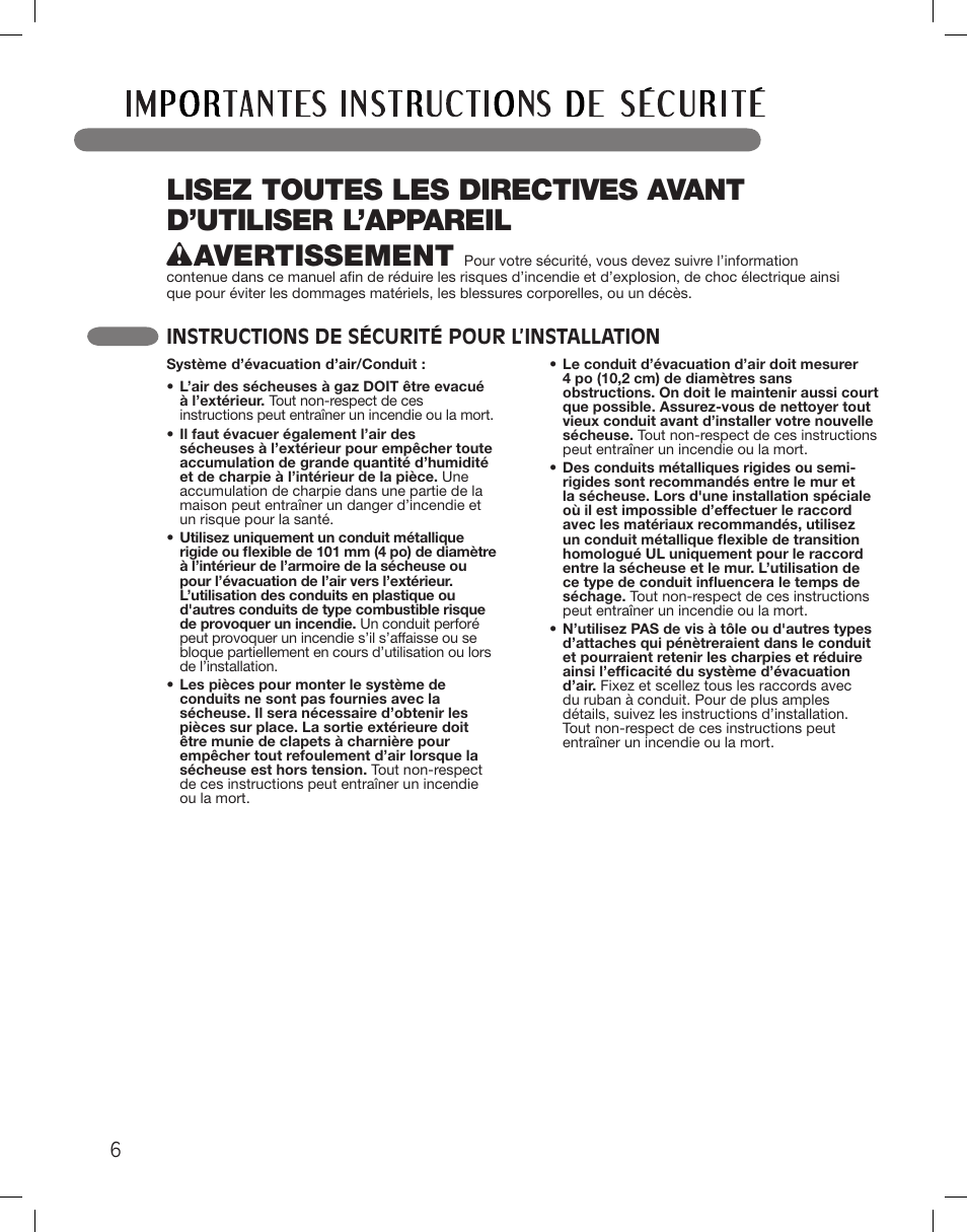 Instructions de sécurité pour l’installation | LG DLG5002W User Manual | Page 84 / 116