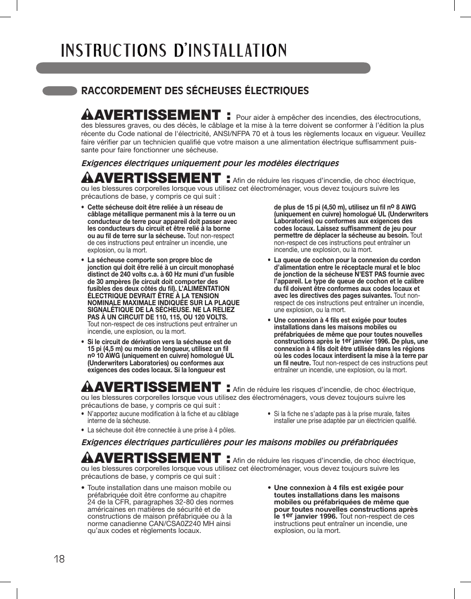 Wavertissement, 18 raccordement des sécheuses électriques | LG DLG5002W User Manual | Page 96 / 116