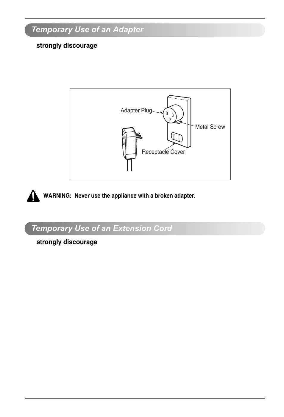 Temporary use of an adapter, Temporary use of an extension cord | LG LD301EL User Manual | Page 10 / 32
