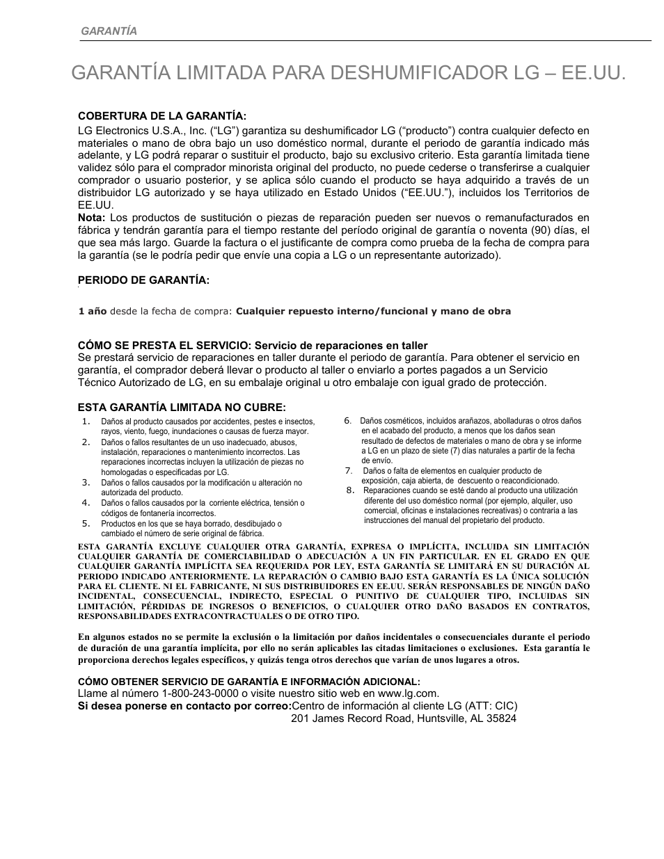 Garantía limitada para deshumificador lg – ee.uu | LG LD301EL User Manual | Page 30 / 32