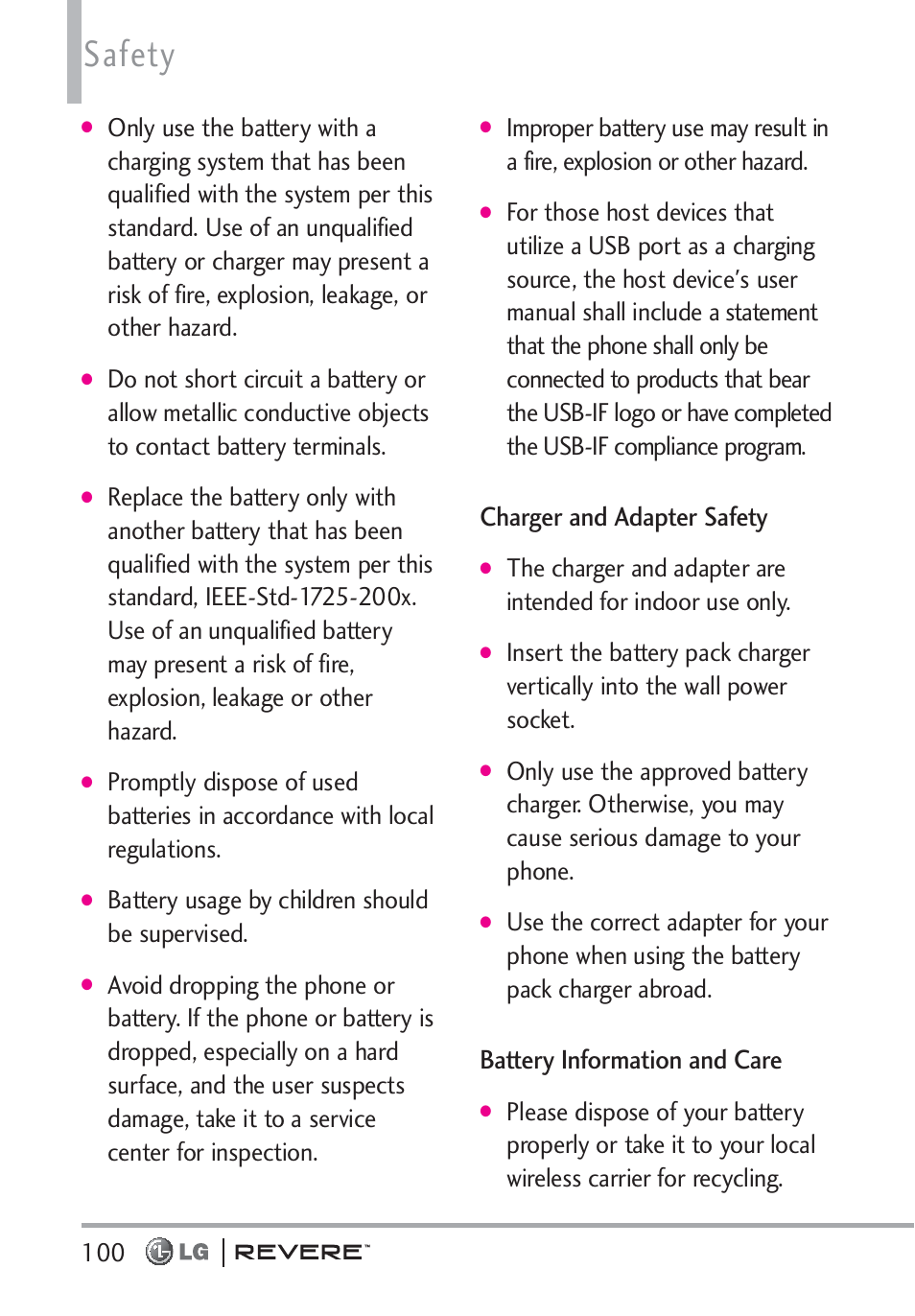 Safety, Charger and adapter safety, Battery information and care | Battery usage by children should be supervised | LG LGVN150 User Manual | Page 102 / 275