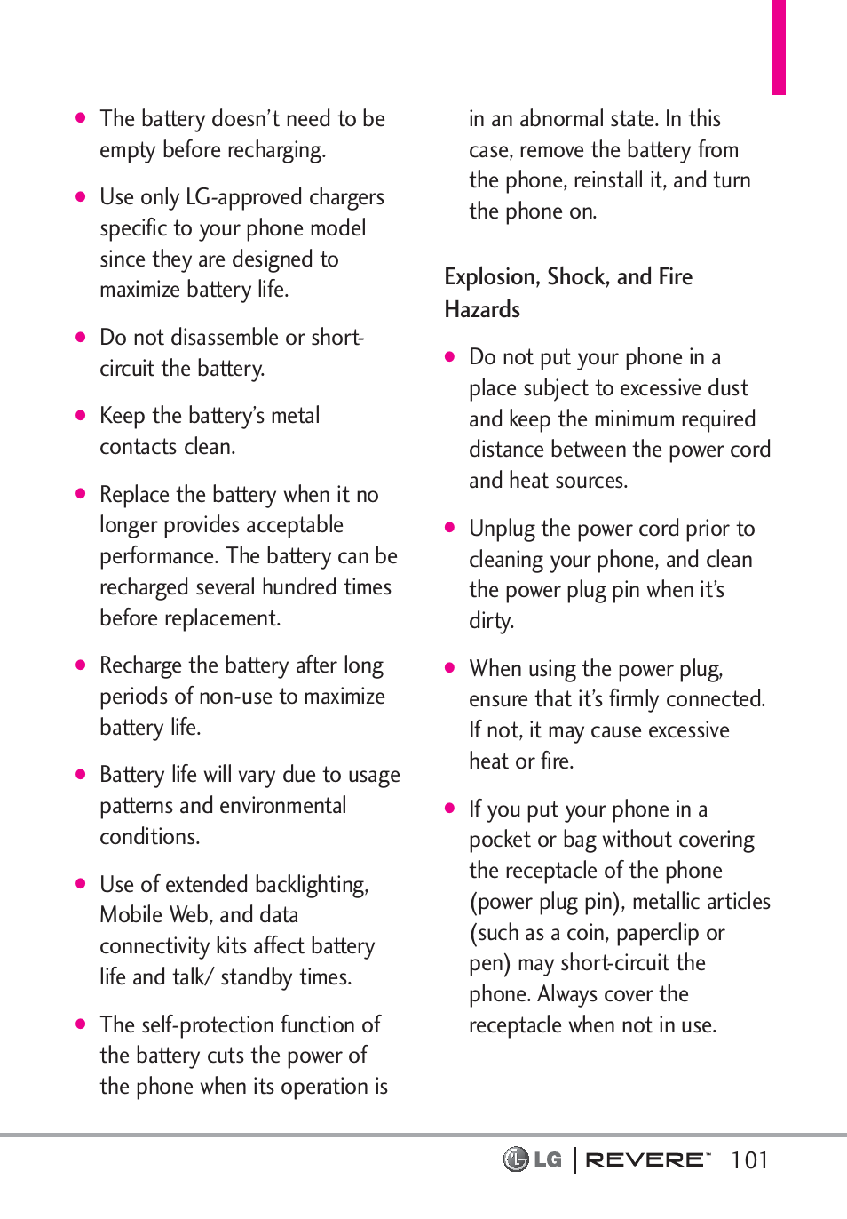 Explosion, shock, and fire hazards, Do not disassemble or short- circuit the battery, Keep the battery’s metal contacts clean | LG LGVN150 User Manual | Page 103 / 275