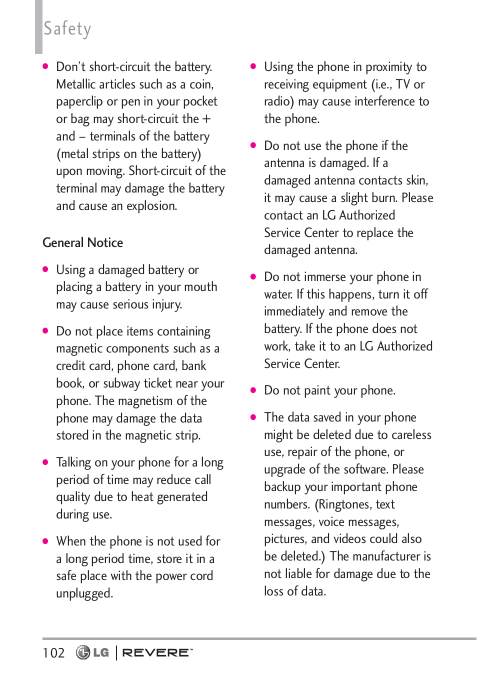 Safety, General notice, Do not paint your phone | LG LGVN150 User Manual | Page 104 / 275