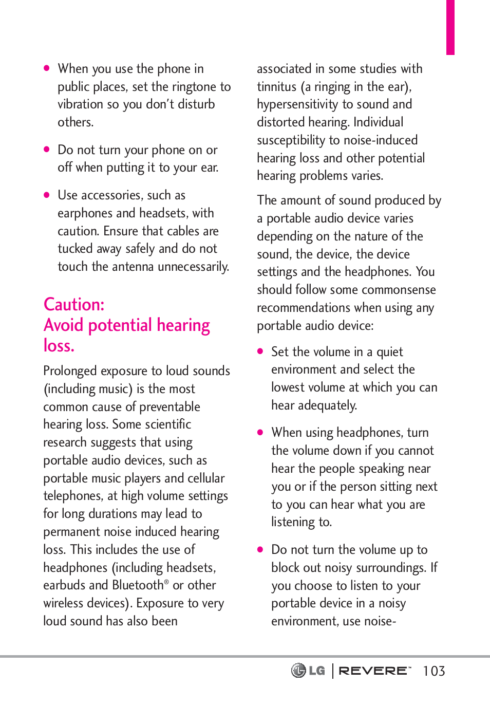 Caution: avoid potential hearing loss | LG LGVN150 User Manual | Page 105 / 275