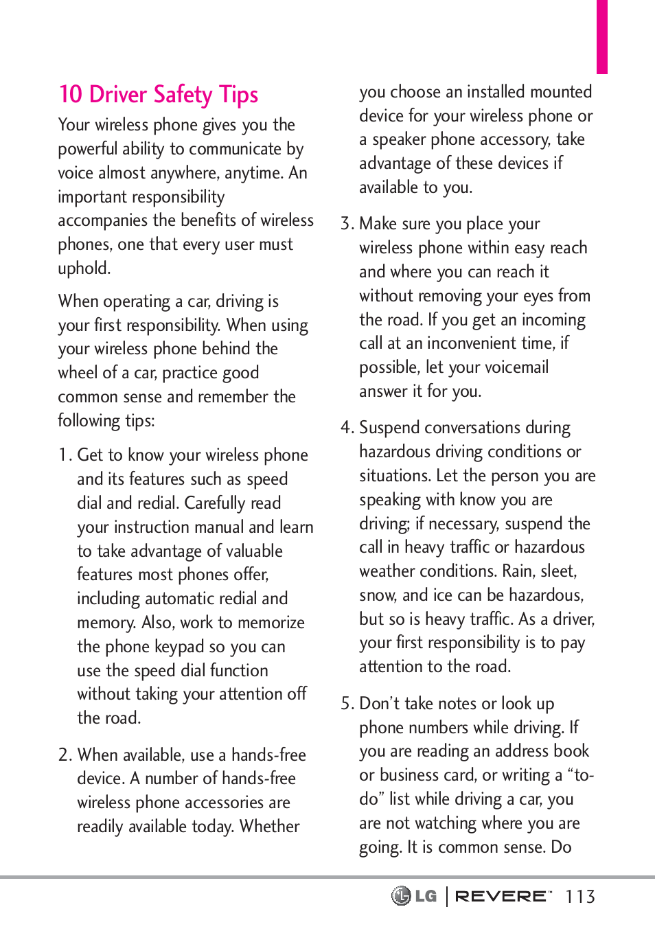 10 driver safety tips | LG LGVN150 User Manual | Page 115 / 275