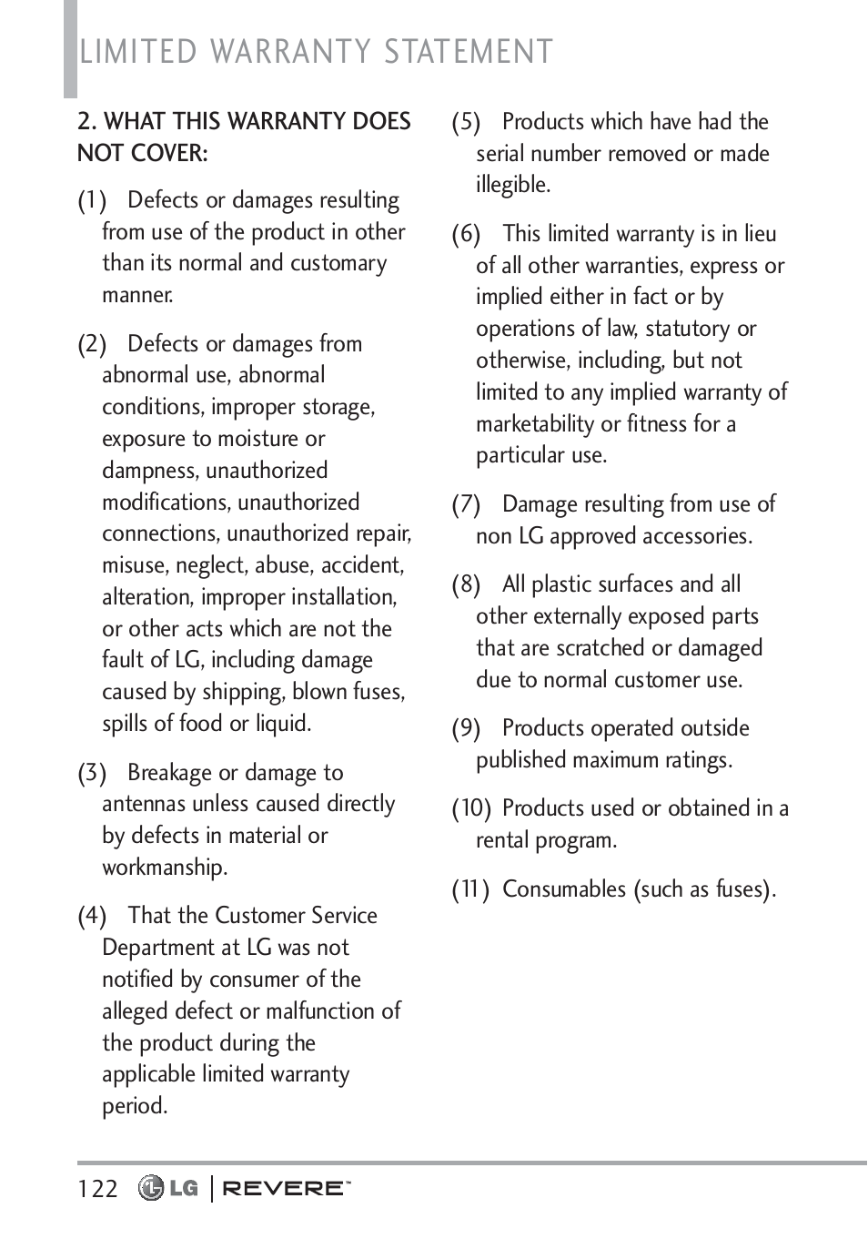 Limited warranty statement | LG LGVN150 User Manual | Page 124 / 275