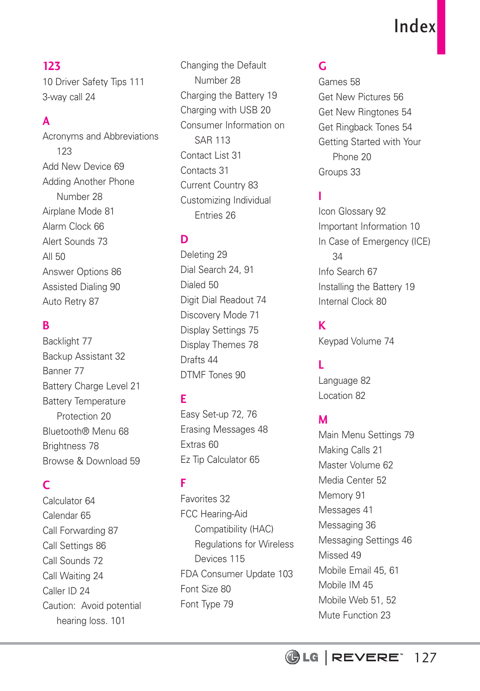 Index | LG LGVN150 User Manual | Page 129 / 275