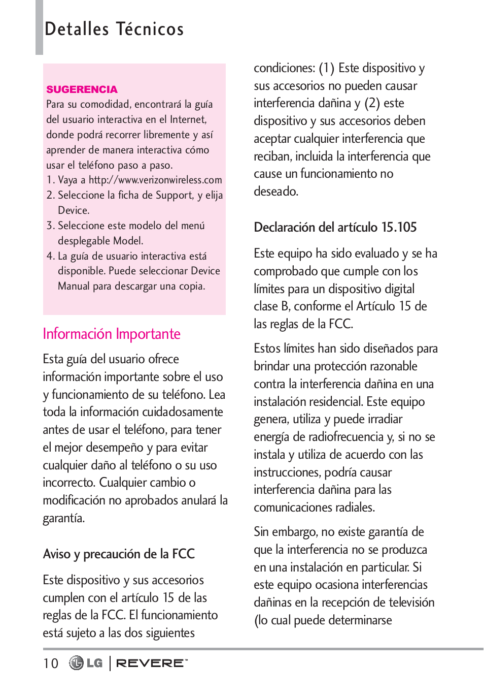 Detalles técnicos, Información importante | LG LGVN150 User Manual | Page 143 / 275