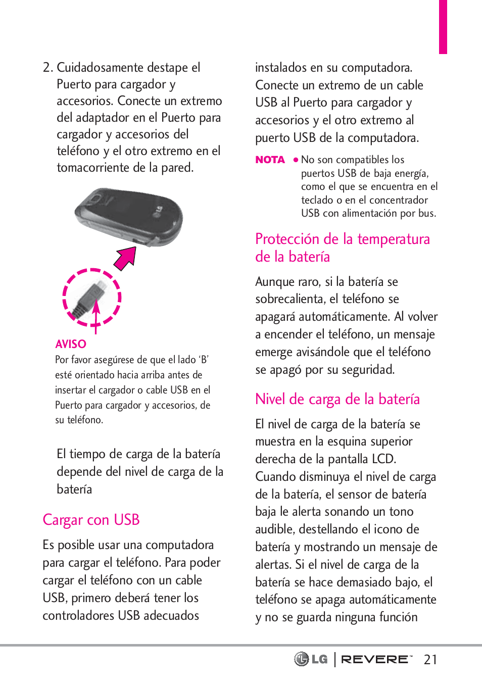 Cargar con usb, Protección de la temperatura de la batería, Nivel de carga de la batería | LG LGVN150 User Manual | Page 154 / 275