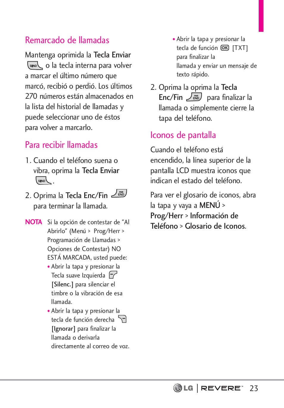 Remarcado de llamadas, Para recibir llamadas, Iconos de pantalla | LG LGVN150 User Manual | Page 156 / 275