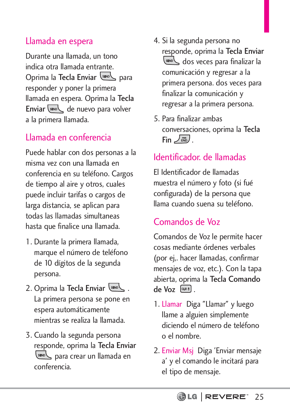 Llamada en espera, Llamada en conferencia, Identificador. de llamadas | Comandos de voz | LG LGVN150 User Manual | Page 158 / 275