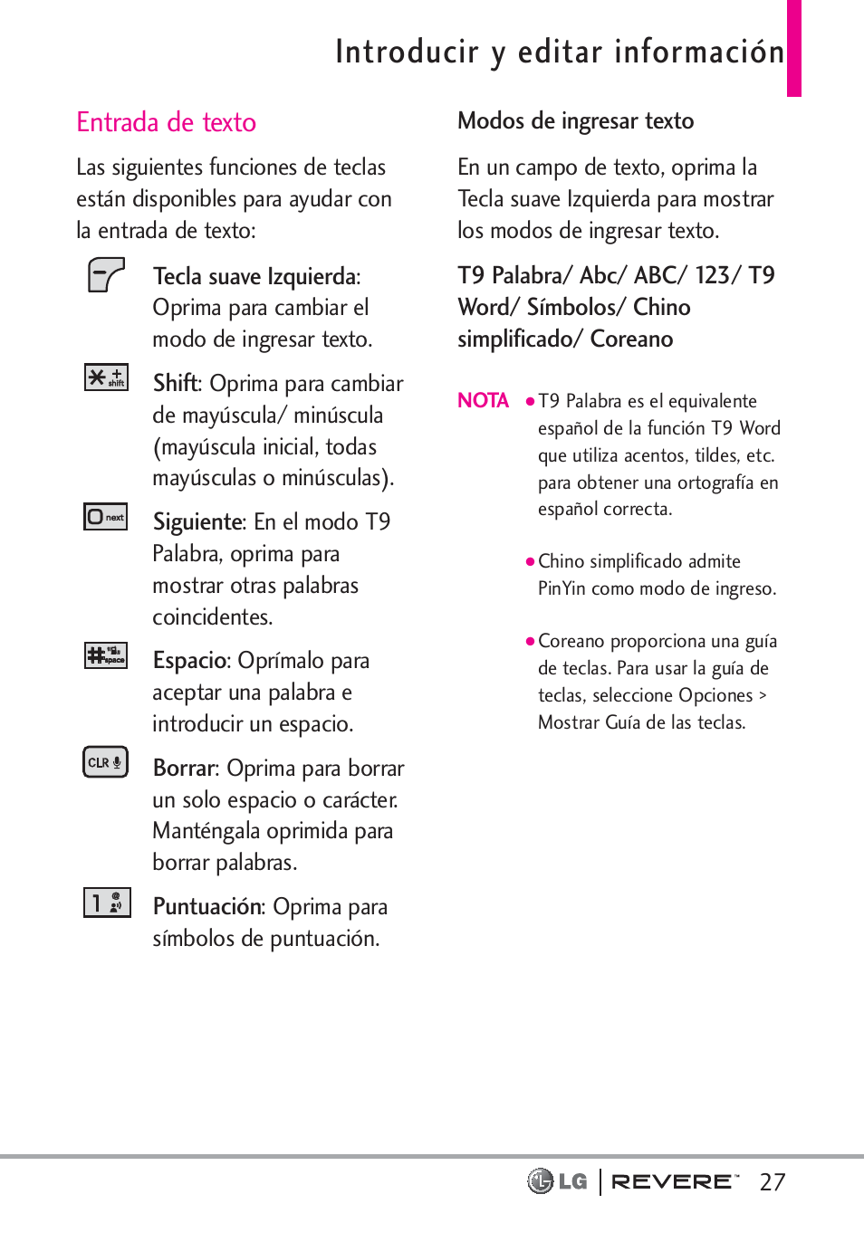 Introducir y editar información, Entrada de texto | LG LGVN150 User Manual | Page 160 / 275