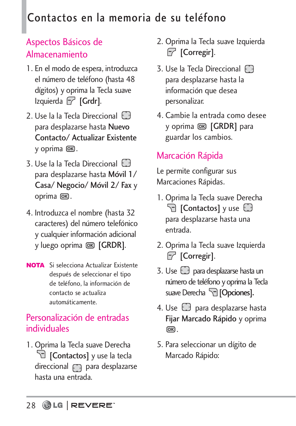 Aspectos básicos de almacenamiento, Personalización de entradas individuales, Marcación rápida | LG LGVN150 User Manual | Page 161 / 275