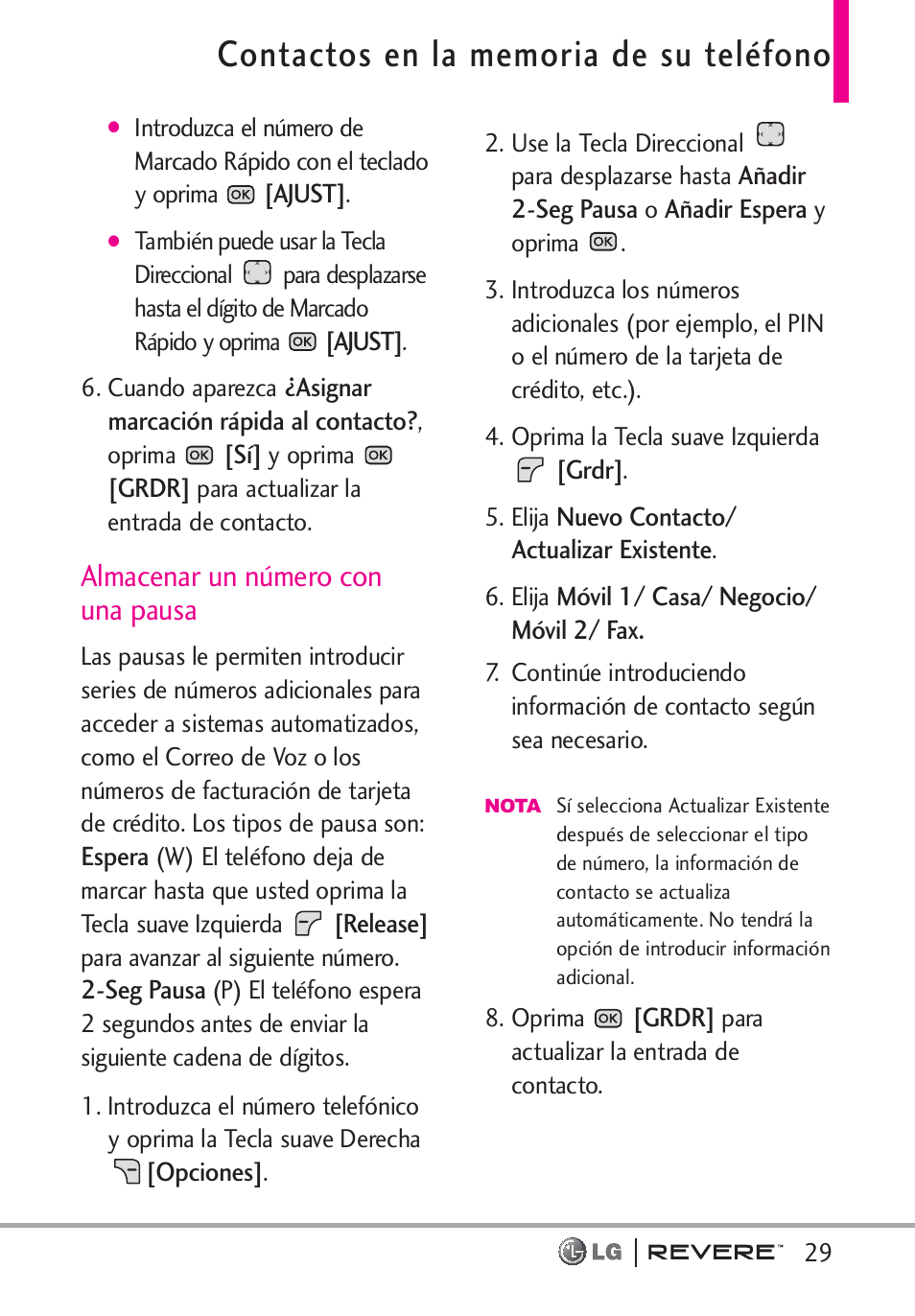 Almacenar un número con una pausa | LG LGVN150 User Manual | Page 162 / 275