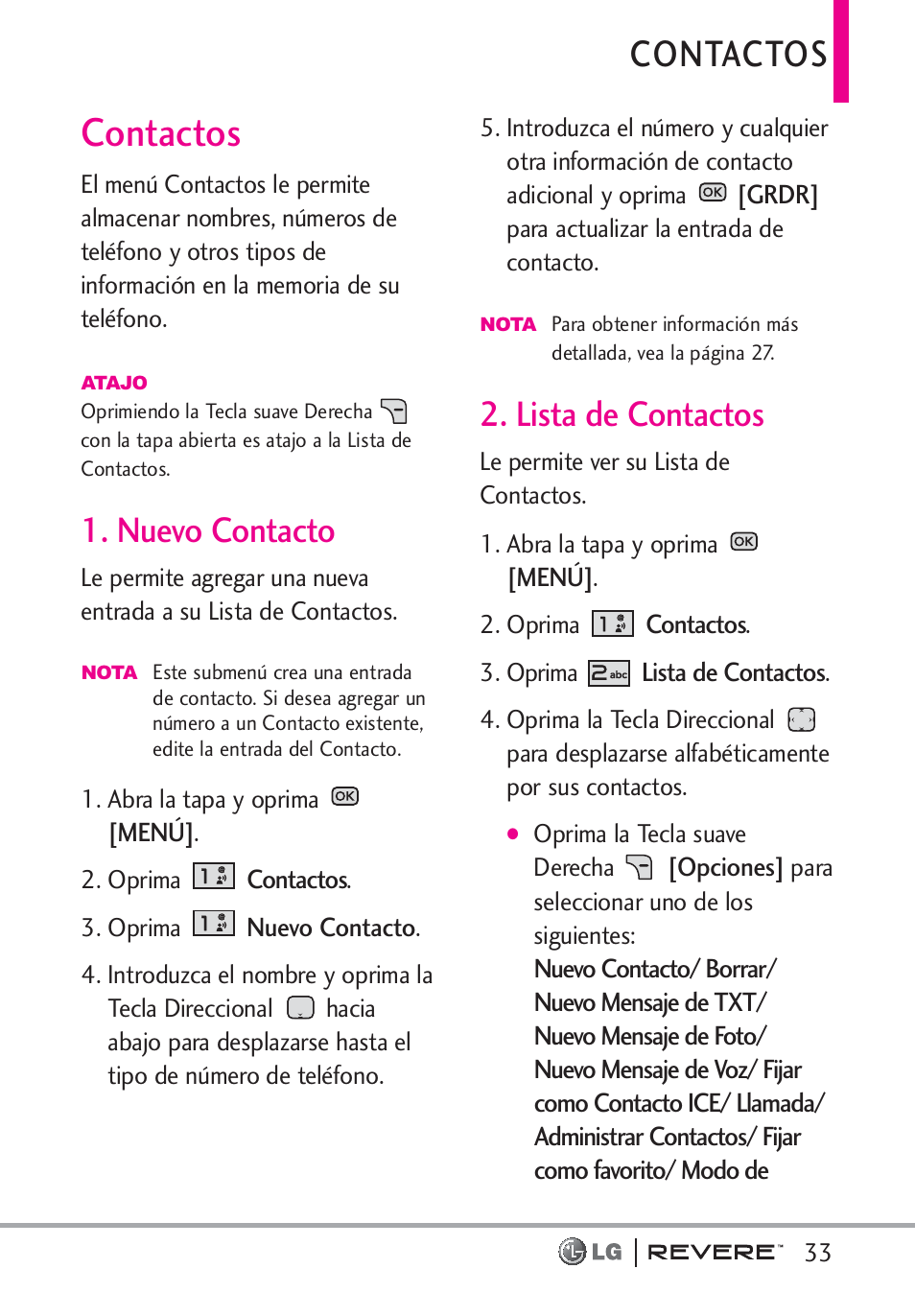 Contactos, Nuevo contacto, Lista de contactos | LG LGVN150 User Manual | Page 166 / 275