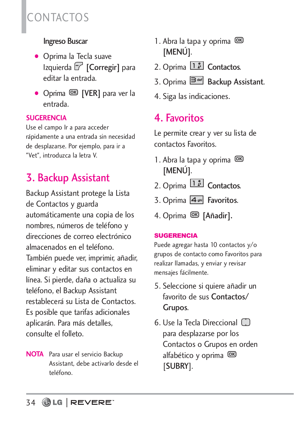 Contactos, Backup assistant, Favoritos | LG LGVN150 User Manual | Page 167 / 275