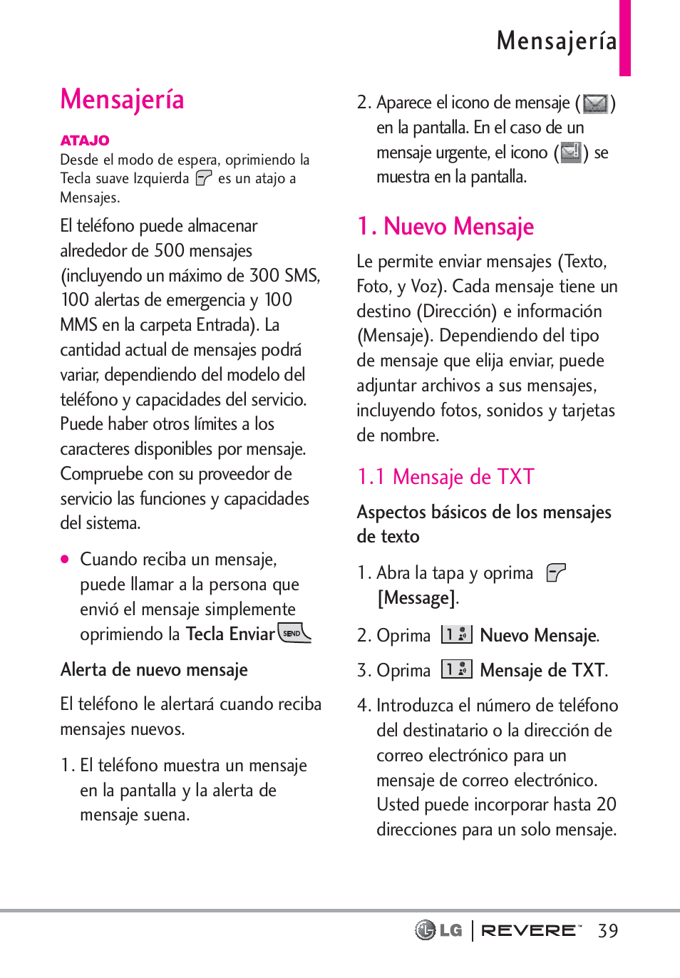 Mensajería, Nuevo mensaje, 1 mensaje de txt | LG LGVN150 User Manual | Page 172 / 275