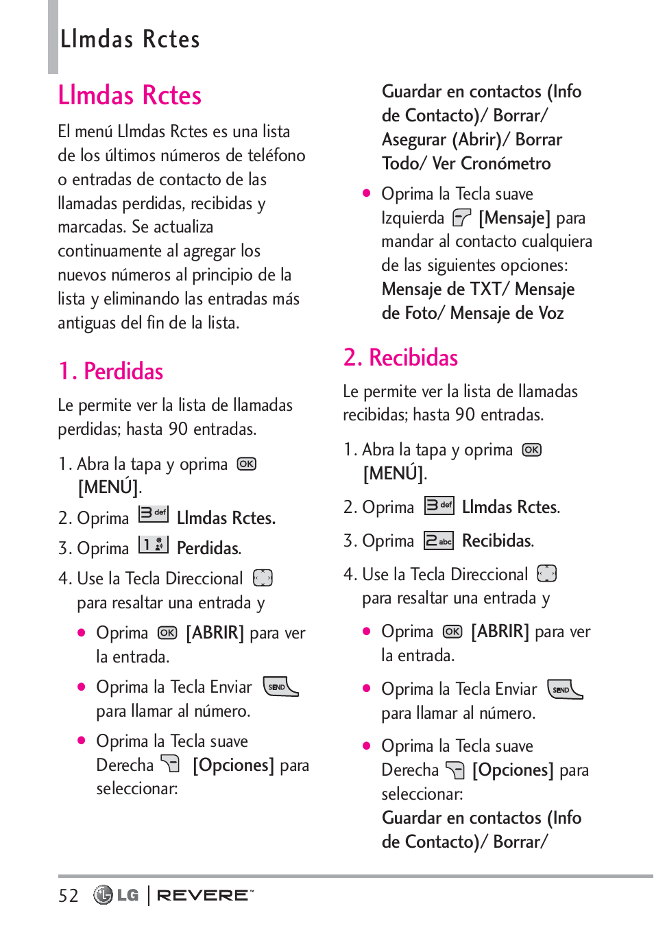 Llmdas rctes, Perdidas, Recibidas | LG LGVN150 User Manual | Page 185 / 275