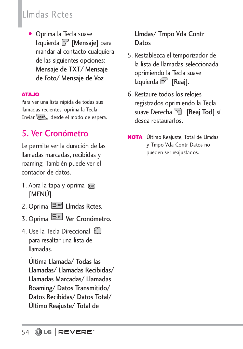 Llmdas rctes, Ver cronómetro | LG LGVN150 User Manual | Page 187 / 275