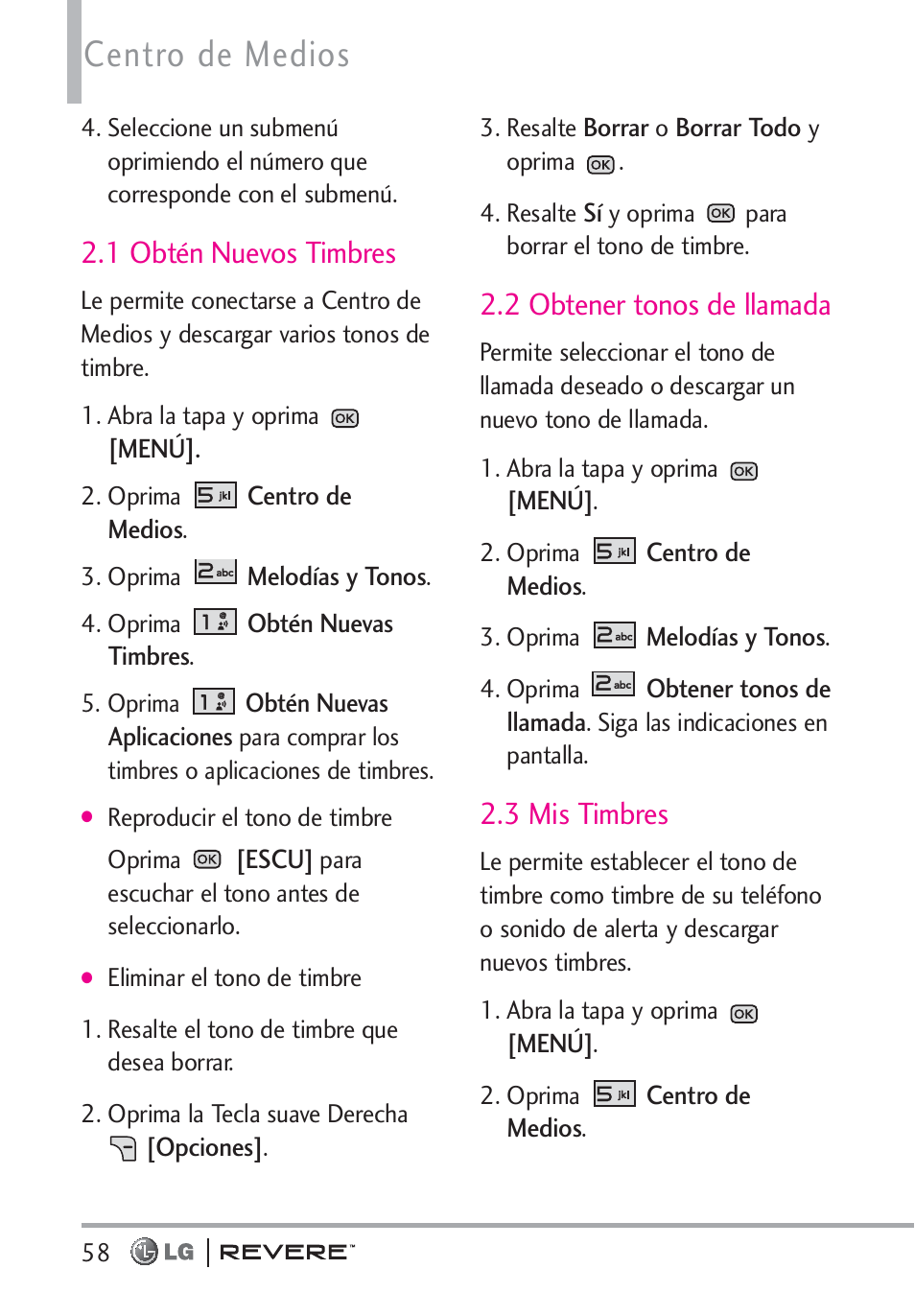 Centro de medios, 1 obtén nuevos timbres, 2 obtener tonos de llamada | 3 mis timbres | LG LGVN150 User Manual | Page 191 / 275