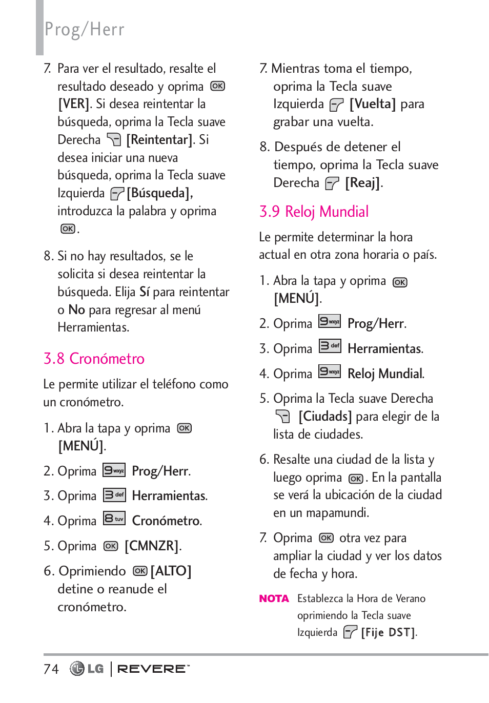 Prog/herr, 8 cronómetro, 9 reloj mundial | LG LGVN150 User Manual | Page 207 / 275