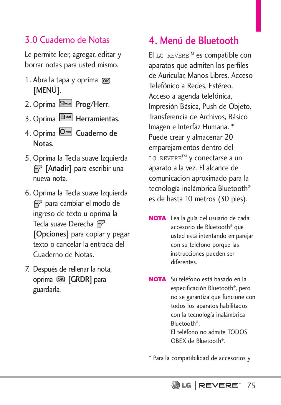 Menú de bluetooth, 0 cuaderno de notas | LG LGVN150 User Manual | Page 208 / 275