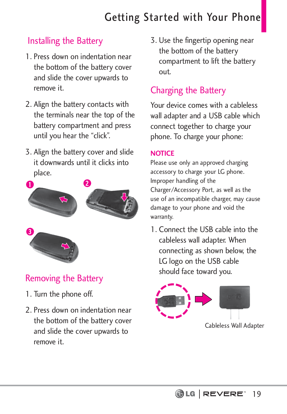 Getting started with your phone, Installing the battery, Removing the battery | Charging the battery | LG LGVN150 User Manual | Page 21 / 275