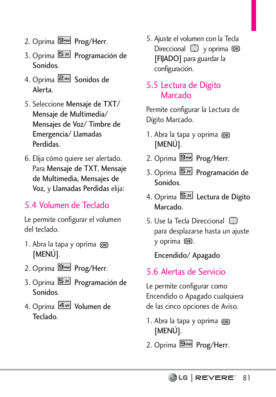 4 volumen de teclado, 5 lectura de dígito marcado, 6 alertas de servicio | LG LGVN150 User Manual | Page 214 / 275