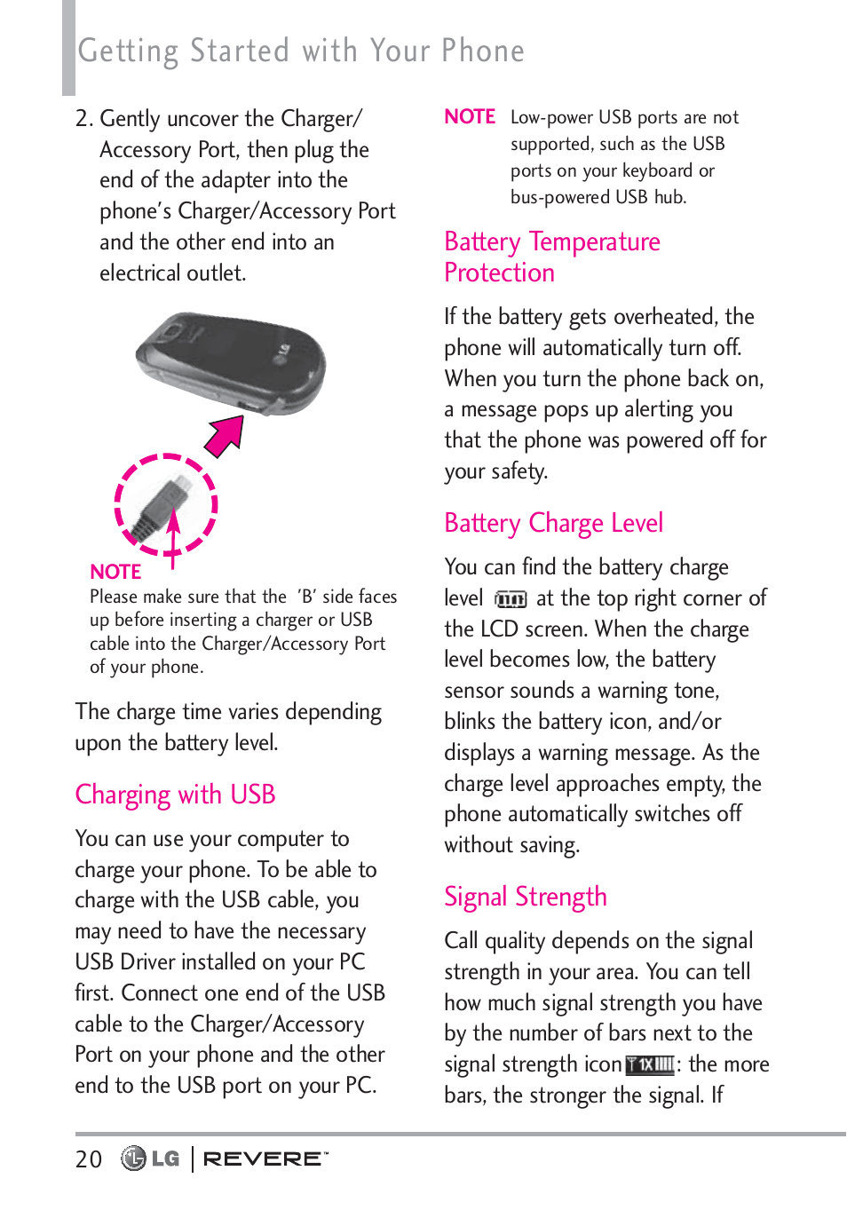 Getting started with your phone, Charging with usb, Battery temperature protection | Battery charge level, Signal strength | LG LGVN150 User Manual | Page 22 / 275