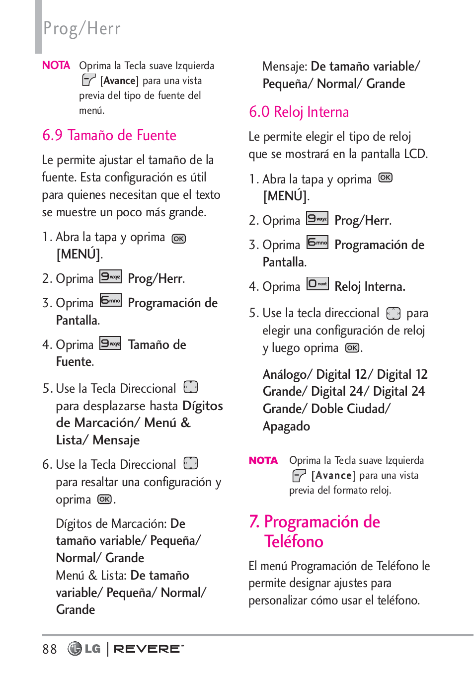 Prog/herr, Programación de teléfono, 9 tamaño de fuente | 0 reloj interna | LG LGVN150 User Manual | Page 221 / 275