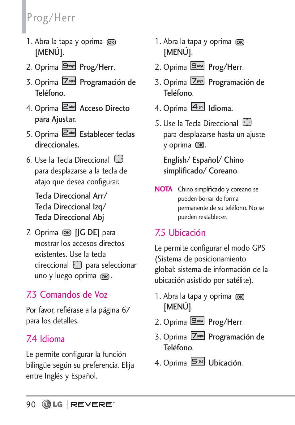 Prog/herr, 3 comandos de voz, 4 idioma | 5 ubicación | LG LGVN150 User Manual | Page 223 / 275