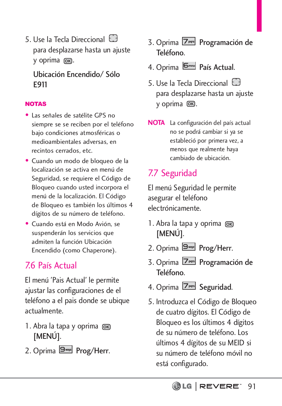 6 país actual, 7 seguridad | LG LGVN150 User Manual | Page 224 / 275