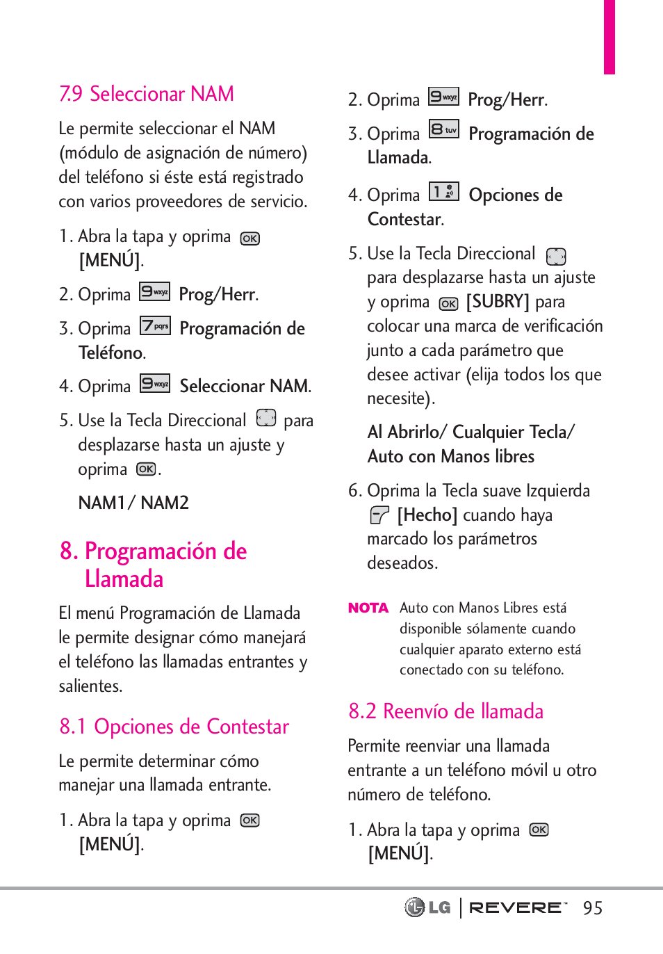 Programación de llamada, 9 seleccionar nam, 1 opciones de contestar | 2 reenvío de llamada | LG LGVN150 User Manual | Page 228 / 275