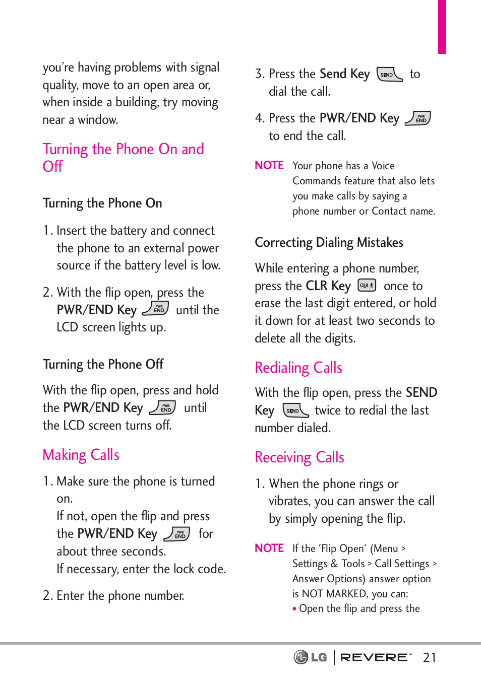 Turning the phone on and off, Making calls, Redialing calls | Receiving calls | LG LGVN150 User Manual | Page 23 / 275