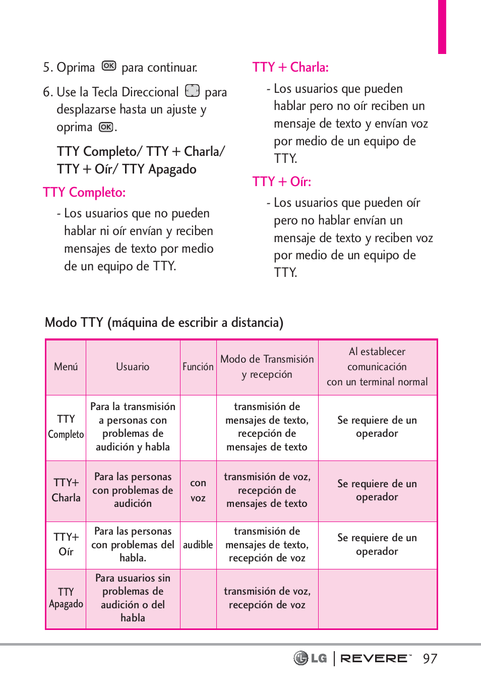 Tty + charla, Tty + oír, Modo tty (máquina de escribir a distancia) | LG LGVN150 User Manual | Page 230 / 275