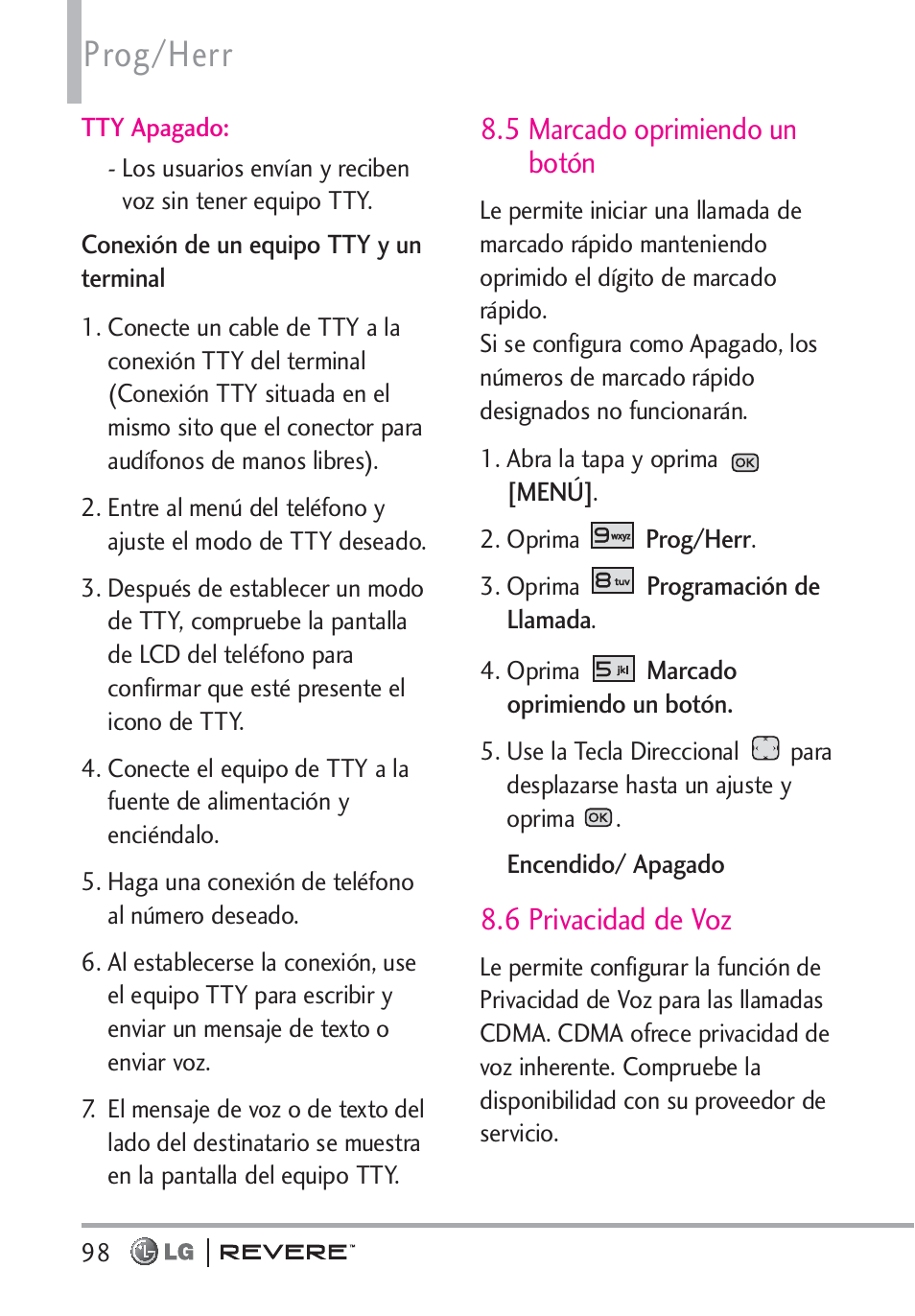 Prog/herr, 5 marcado oprimiendo un botón, 6 privacidad de voz | LG LGVN150 User Manual | Page 231 / 275