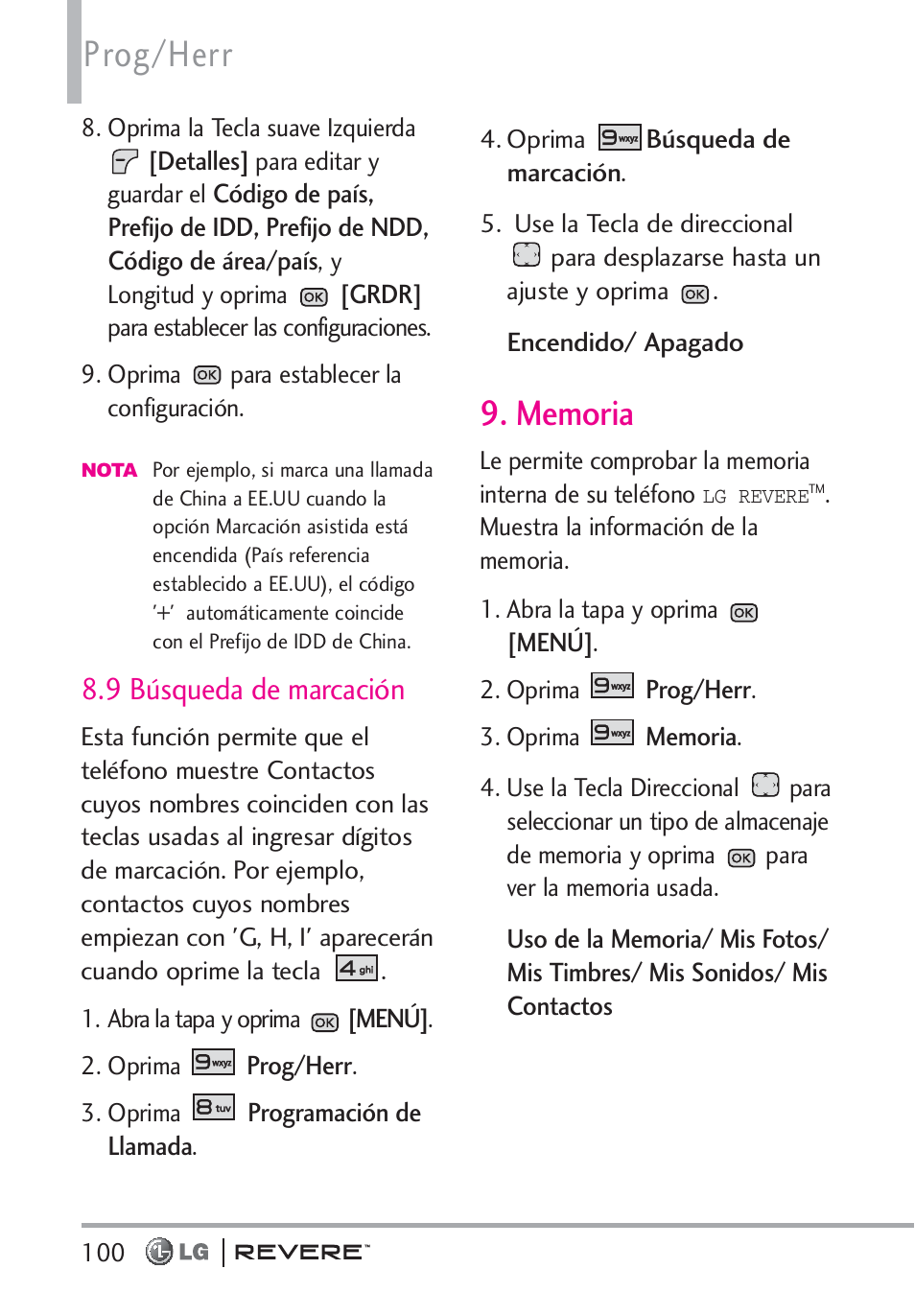 Prog/herr, 9 búsqueda de marcación | LG LGVN150 User Manual | Page 233 / 275