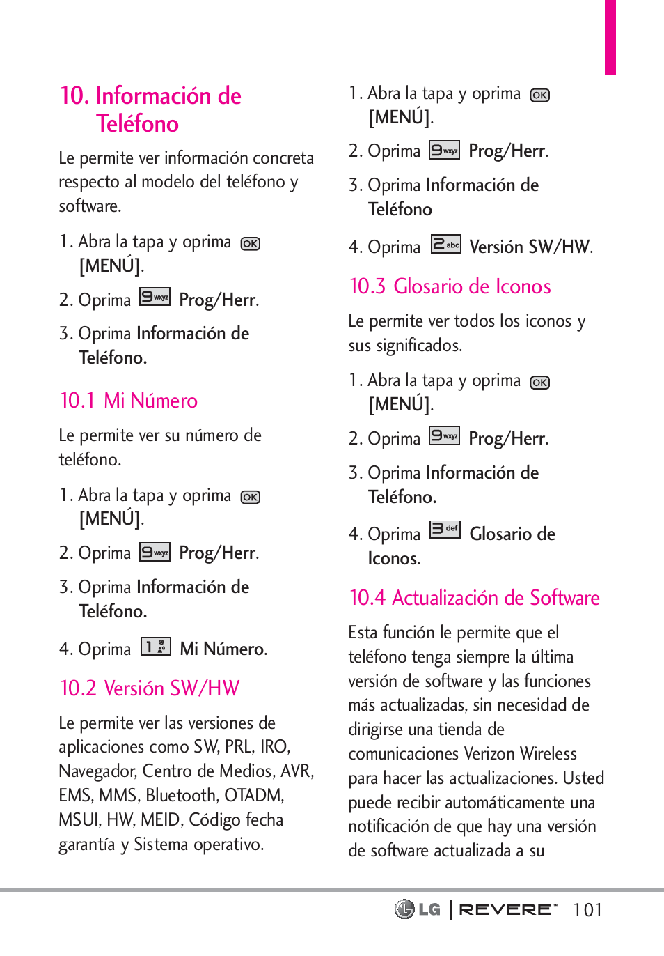 Información de teléfono, 1 mi número, 2 versión sw/hw | 3 glosario de iconos, 4 actualización de software | LG LGVN150 User Manual | Page 234 / 275