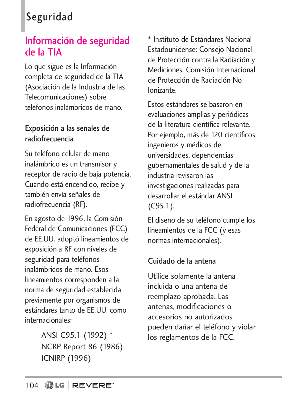 Seguridad, Información de seguridad de la tia | LG LGVN150 User Manual | Page 237 / 275