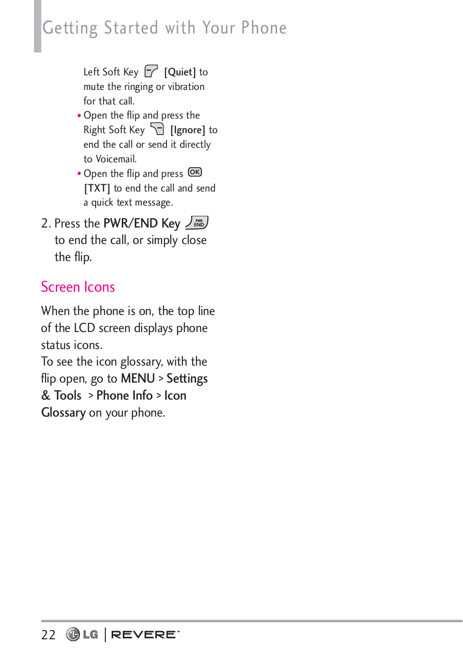 Getting started with your phone, Screen icons, Pwr/end key | LG LGVN150 User Manual | Page 24 / 275