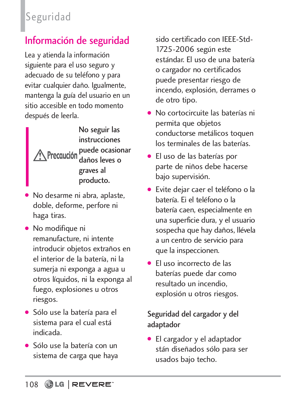 Seguridad, Información de seguridad, Seguridad del cargador y del adaptador | LG LGVN150 User Manual | Page 241 / 275