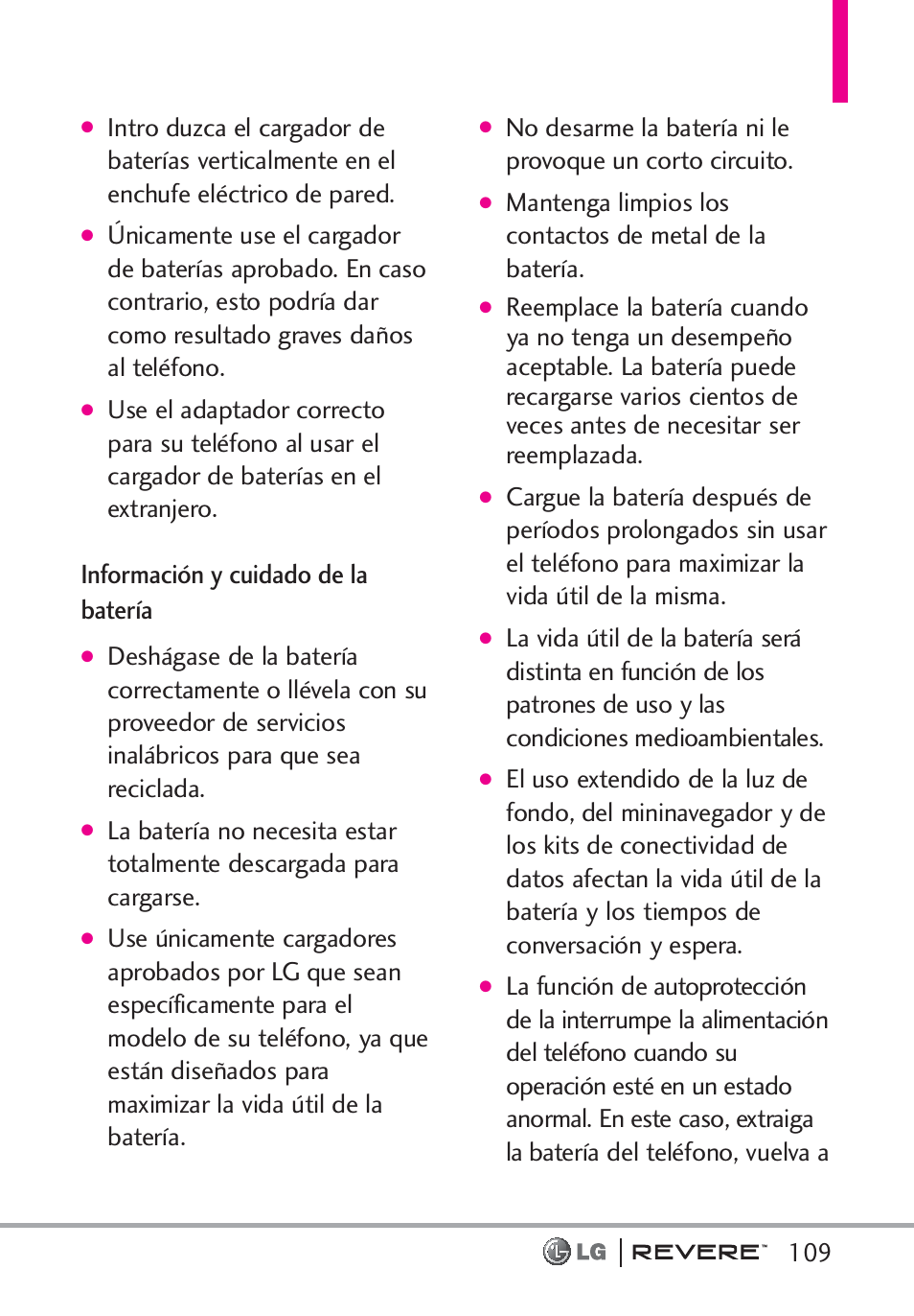 Información y cuidado de la batería | LG LGVN150 User Manual | Page 242 / 275