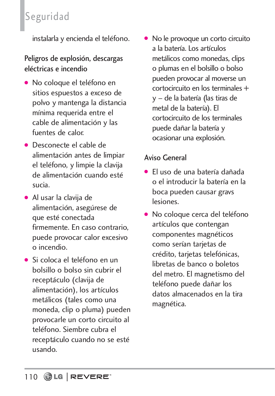 Seguridad, Aviso general | LG LGVN150 User Manual | Page 243 / 275