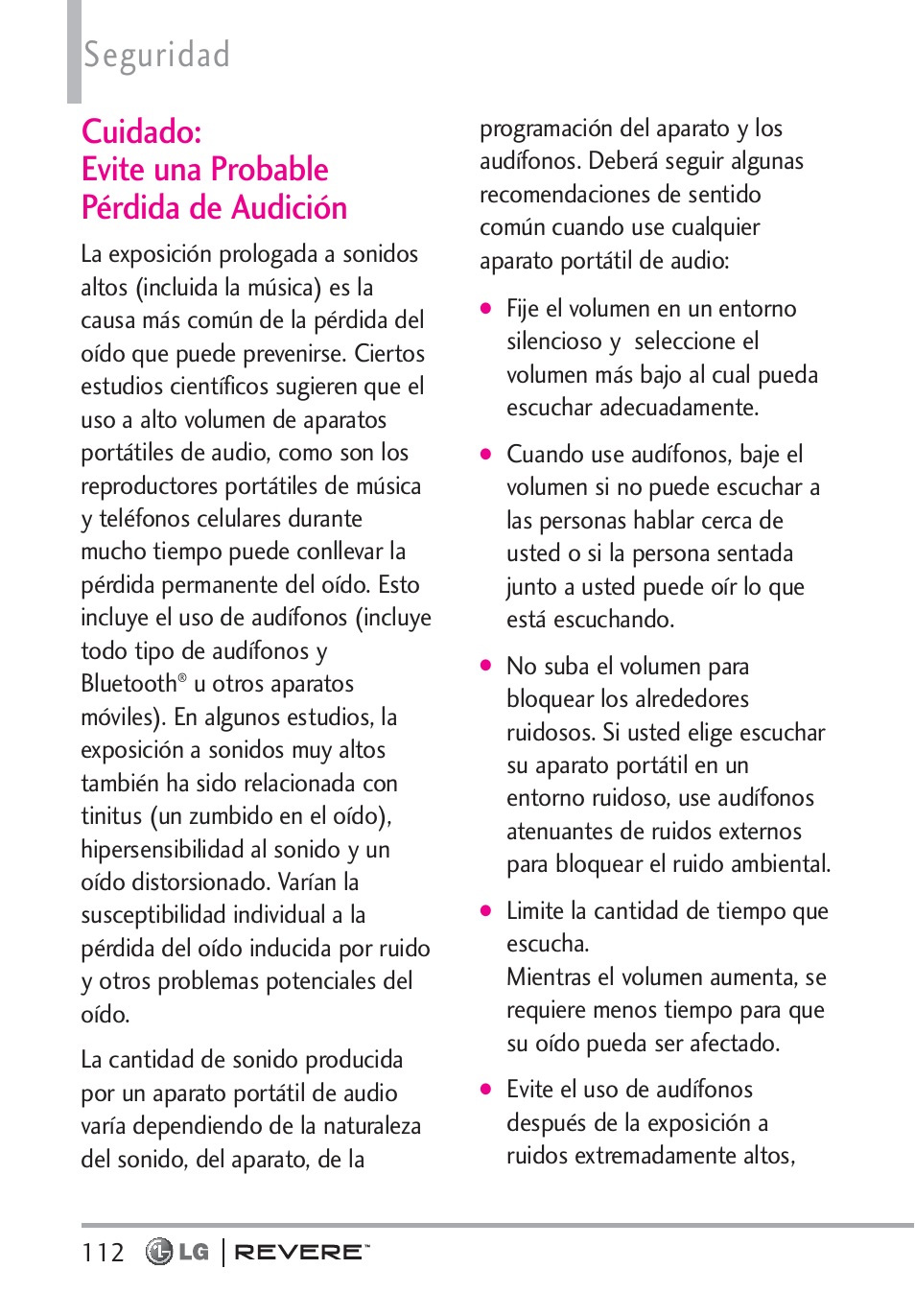 Seguridad, Cuidado: evite una probable pérdida de audición | LG LGVN150 User Manual | Page 245 / 275